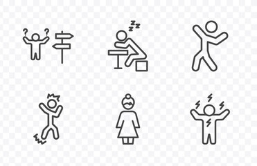 Fototapeta premium feeling and reaction icon set with lost human, lazy human, beautiful human, energized signs in flat outline style