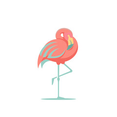 Naklejka premium Stylized flamingo illustration standing on one leg. Elegant tropical bird in a modern flat design style, isolated on a white background. Vector graphic for summer, wildlife, or logo design.