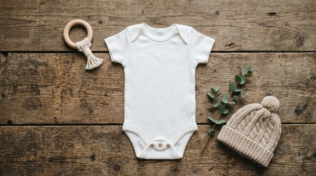 Neutral baby onesie mockup with wooden teether and knit hat