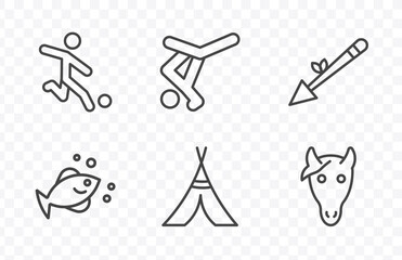 culture and civilization icon set with brazil soccer player, capoeira brazil dancers, native american wigwam, horse head signs in flat outline style © Abstract