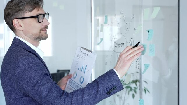 Business man evaluating success strategy roadmap on a glass wall, analyzing project development and financial data charts on a clipboard in a modern office