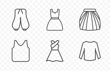 Naklejka premium clothes and outfit icon set with harem pants, drees, long sleeveless dress, long sleeves t shirt signs in flat outline style