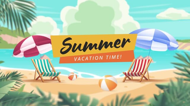 Summer Vacation Time animated beach landscape with chairs, umbrellas, and beach balls
