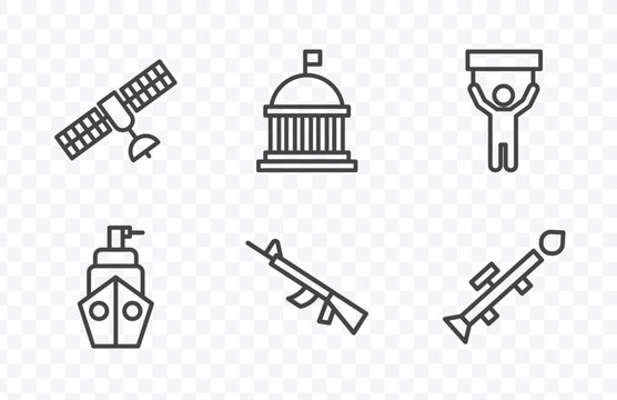 military and war and icon set with military satellites, federal agency, automatic gun, launcher signs in flat outline style