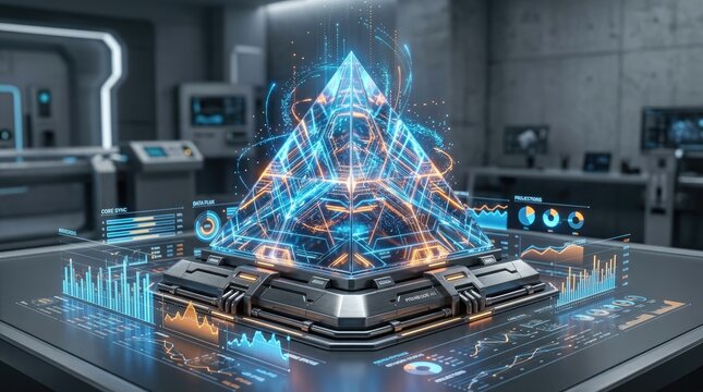 Futuristic control panel with holographic pyramid display
