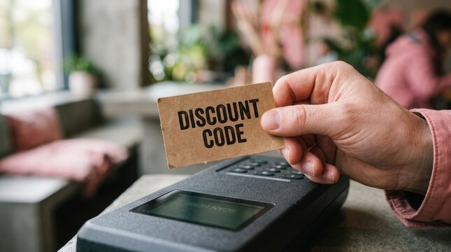 Hand holding discount code card over payment terminal