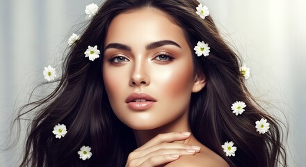 Fototapeta premium Beautiful young woman with long dark hair decorated with white daisies