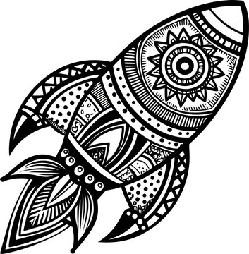Mehndi style rocket illustration, playful doodle with intricate patterns, black and white outline, vector
