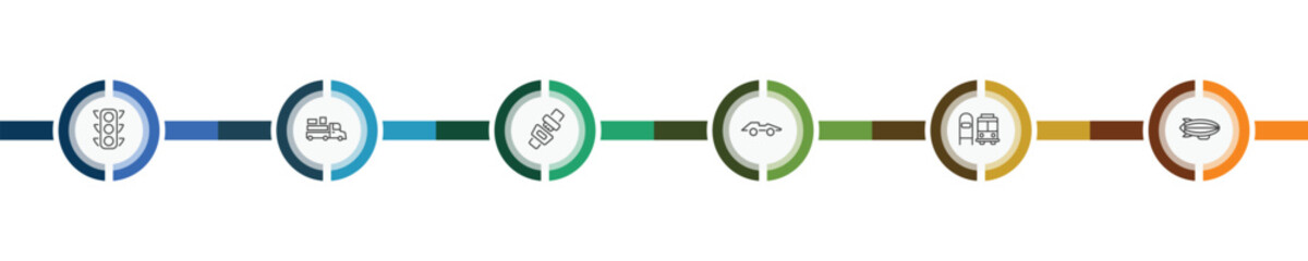 Obraz premium transportation icon set with car traffic, loaded truck side view, scholar bus stop, blimp signs in flat outline style
