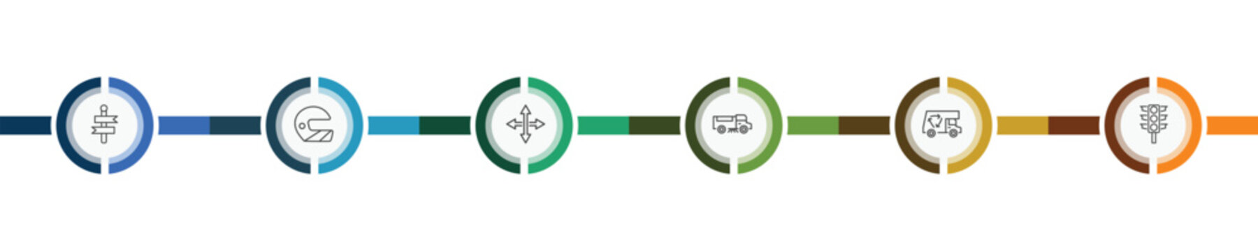 transportation icon set with way, motorsport, recycling truck, semaphore signs in flat outline style