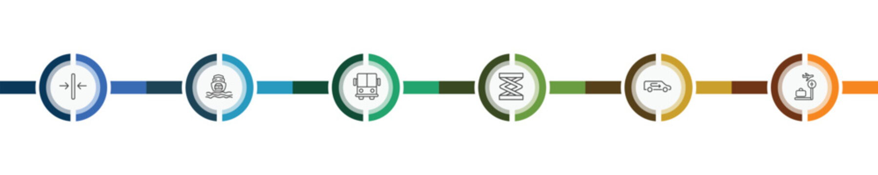 transportation icon set with slim, ferry carrying cars, recirculation, airport checking signs in flat outline style