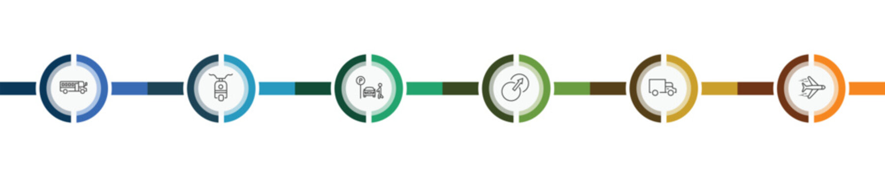 transportation icon set with school bus empty, scooter bike, trucking, airplane flying signs in flat outline style