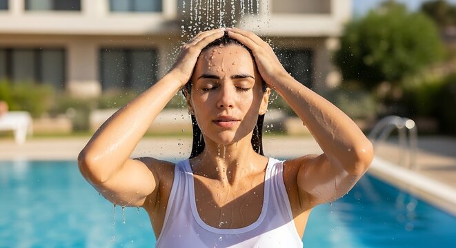 Woman refreshing herself under an outdoor shower by a swimming pool