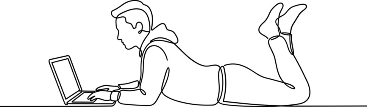Continuous line drawing of a young person lying down using a laptop.