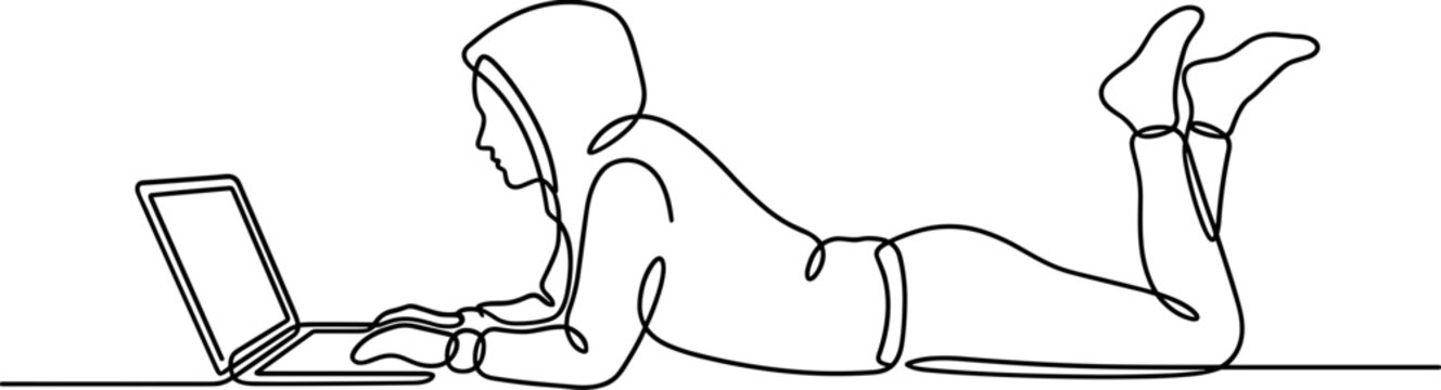 Continuous one line drawing of a person using a laptop while lying on the floor.