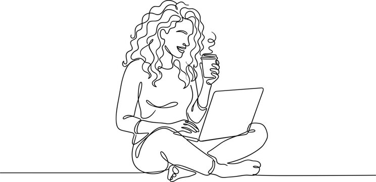 Continuous line drawing of a woman working on a laptop while drinking coffee.