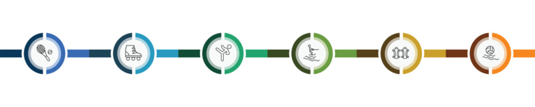 sport and games icon set with tennis game, roller skate, shin guards, waterpolo signs in flat outline style
