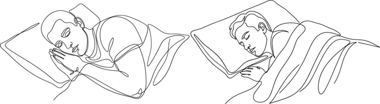 Black and white line art illustration of two men sleeping in bed.