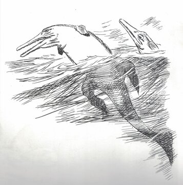 Geosaurus suevicus. Ancient marine reptiles swim through choppy waters in a detailed ink sketch. This ink drawing depicts ichthyosaurs swimming in the ocean, showcasing their powerful bodies and