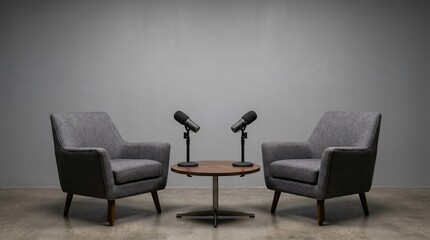 Fototapeta premium A minimalistic podcast setup features two microphones, chairs, and a small table. Concept of broadcasting, media production, creative industry, podcasting visual representation. Generative AI.