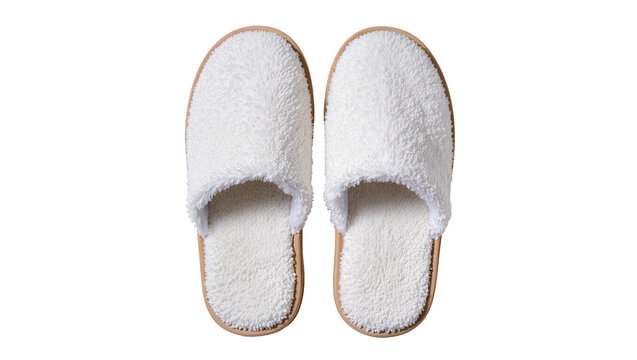 Plush white terry cloth slippers with tan soles, isolated on transparent background
