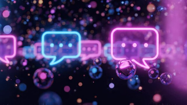 Luminous neon blue and pink speech bubble icons floating on dark bokeh background with particles, concept for social media marketing, digital communication and online customer support