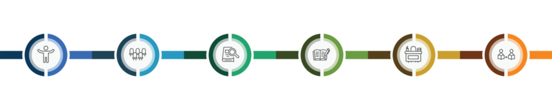 distance learning icon set with open arms, grandstand, teacher desk, asynchronous learning signs in flat outline style