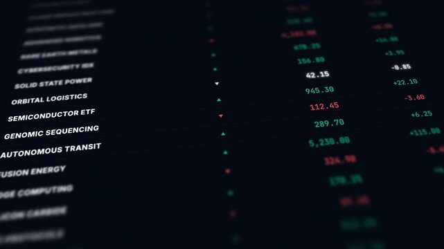 High-Frequency Trading Terminal, Live Technology Market Data Scrolling, Macro Depth of Field Dashboard