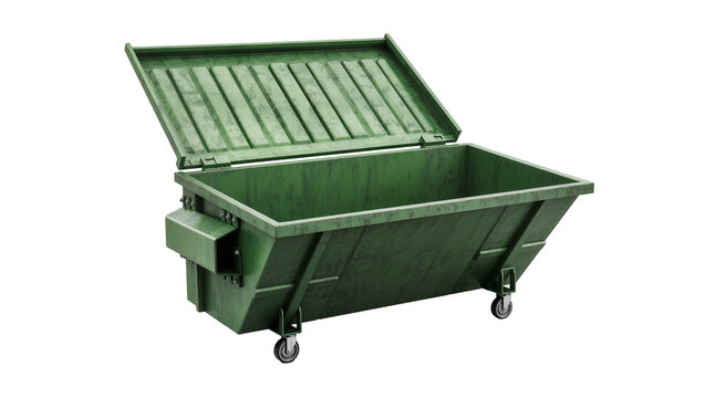 Green metal dumpster with open lid, isolated on transparent background