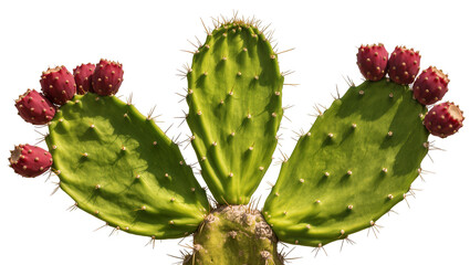 Green prickly pear cactus pads with ripe red fruits, isolated on transparent background © Denis