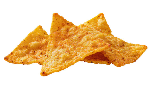 Crispy seasoned tortilla chips piled together, isolated on transparent background