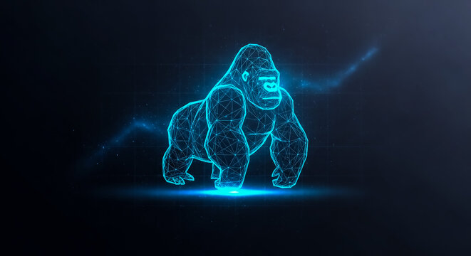 A digital holographic gorilla stands in a dark, futuristic setting with glowing blue outlines and abstract patterns.