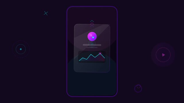Animated financial growth line graph on a smartphone app screen with dark neon interface for crypto trading and data analysis