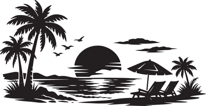 Black silhouette of tropical beach with palm trees and sunset