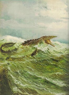 Tylosaurus. Ancient marine reptile emerges from turbulent ocean waves with mouth open. A prehistoric mosasaur, a large marine reptile, breaks through rough green sea swells under a cloudy sky.
