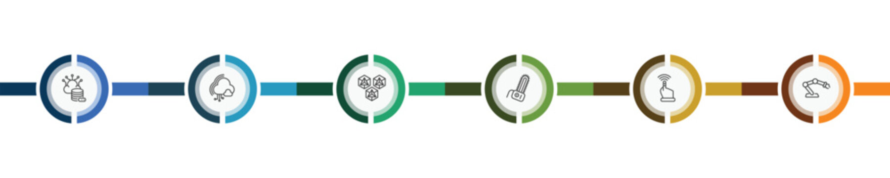 automation and high icon set with storage, cloud computing, finger control, robot arm signs in flat outline style