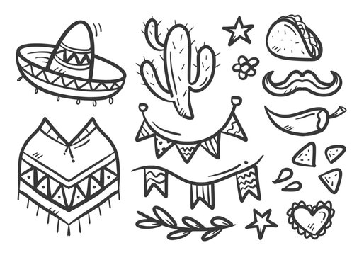 Mexico culture doodle collection. Mexican fiesta celebration vector elements. Mexico national identity hand drawn illustration set containing Sombrero hat, cactus, taco, Poncho, chili, mustache.
