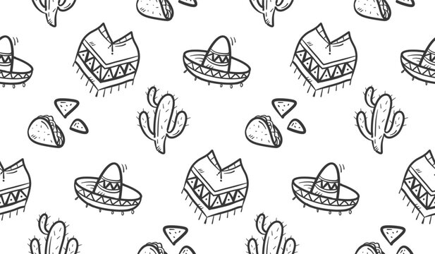 Mexico culture doodle background. Mexican party pattern background. Mexico cultural identity seamless pattern. Fiesta celebration hand drawn pattern with Sombrero hat, cactus, taco, nacho, Poncho.