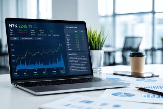 オフィスのデスクに置かれた株価チャートを表示するノートパソコン