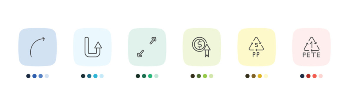 user interface icon set with curve arrow, turn up arrow, 5 pp, 1 pete signs in flat outline style