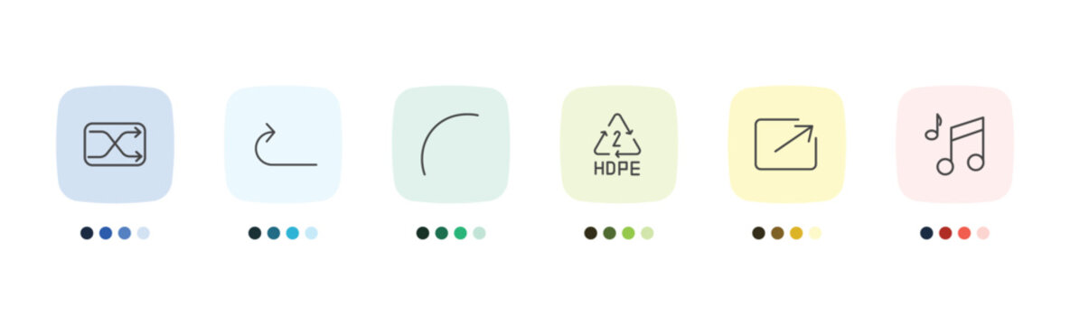user interface icon set with crossover, right curve arrow, export arrow, musical signs in flat outline style