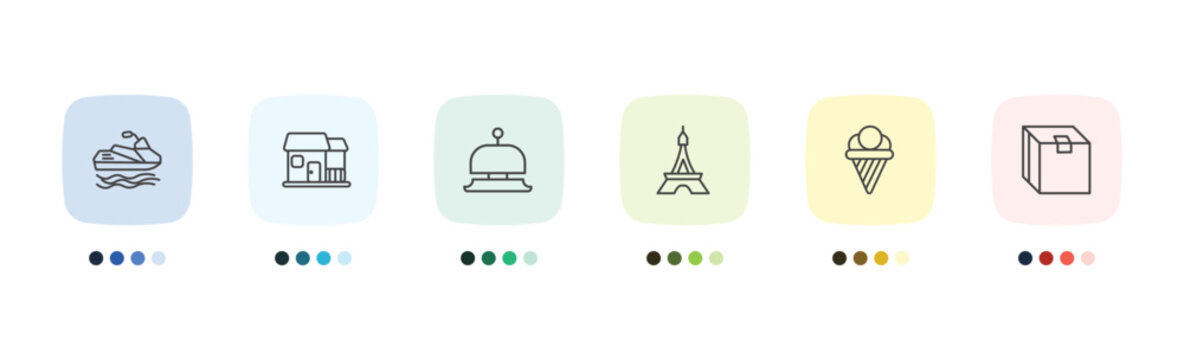 travel and trip icon set with water craft, bungalow, icecream, packing signs in flat outline style