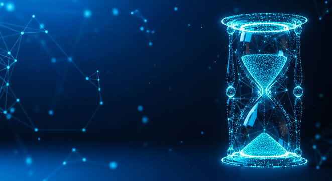 A futuristic digital hourglass with glowing blue sand represents time in a technological or abstract setting.