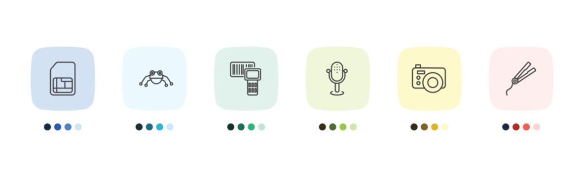 technology icon set with big, robot insect, , hairdressing tools signs in flat outline style