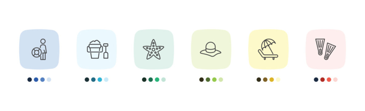 summer icon set with lifeguard, sand bucket and shovel, beach chair, fins signs in flat outline style