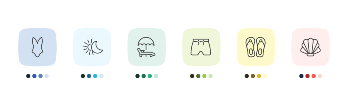 summer icon set with swimsuit, solstice, pair of flip flops, seashell signs in flat outline style