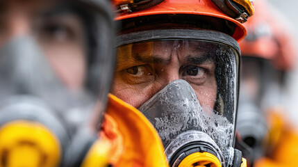 Fototapeta premium A close-up view of industrial workers wearing safety equipment and gas masks, reflecting the importance of safety protocols and teamwork in challenging work environments