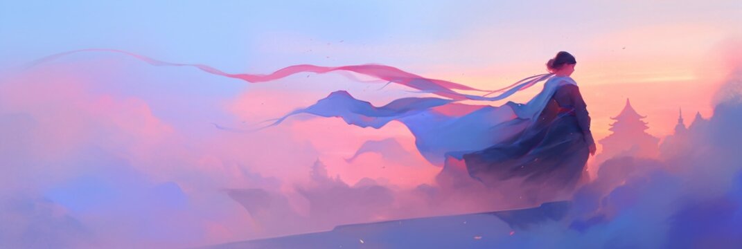 Woman on a cliff with ribbon flowing at sunset with Asian temples and clouds. Epic fantasy art for mobile and pc game background.