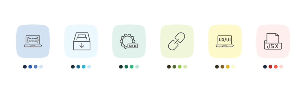 information technology icon set with code listing, archive, ux de, jsx signs in flat outline style