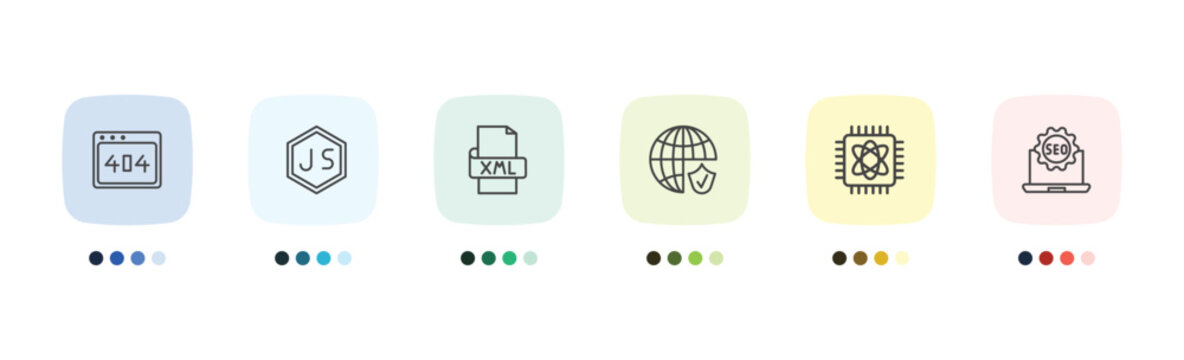 information technology icon set with 404 error, js, computing, seo badge signs in flat outline style